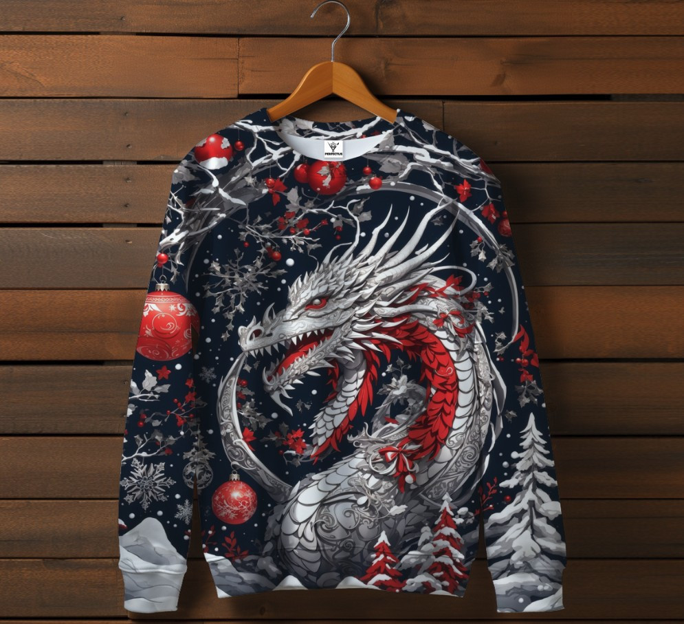 Свитшот с 3D принтом Новогодний белый дракон с елочными украшениями. Все размеры - фото 1