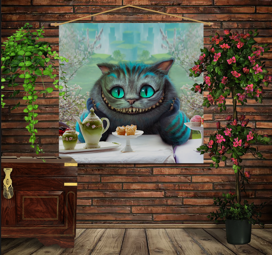 Мобільна картина-постер на тканині з 3D з принтом Чеширський кіт з чаєм