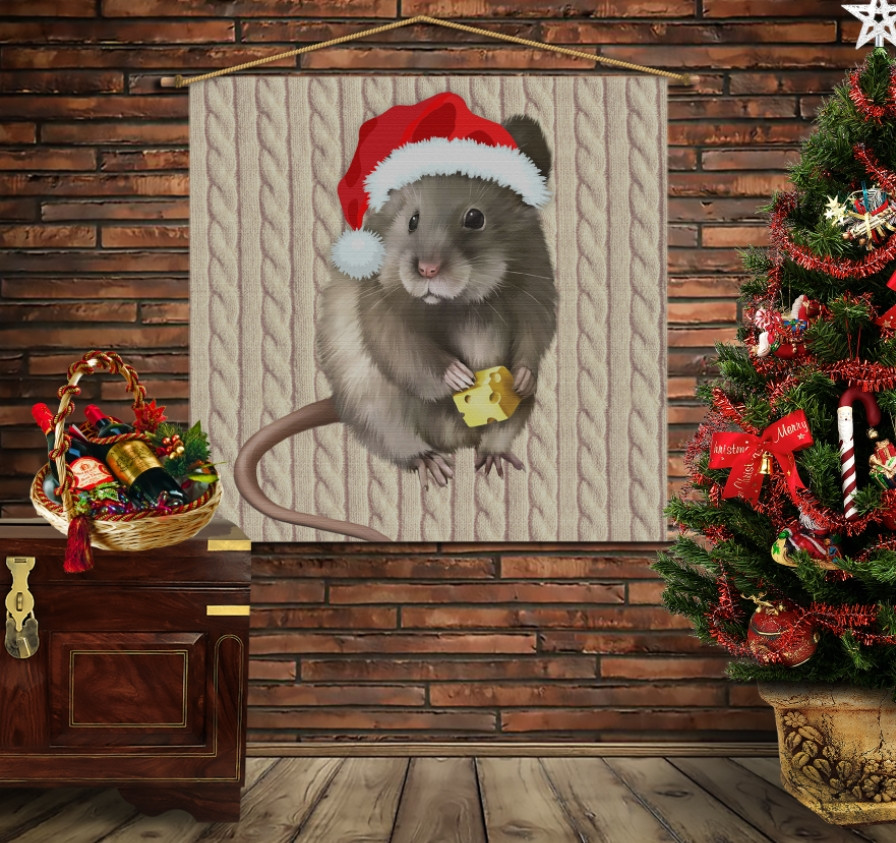 Мобильная картина-постер (гобелен) на ткани с 3D с принтом Мишка Новый Год