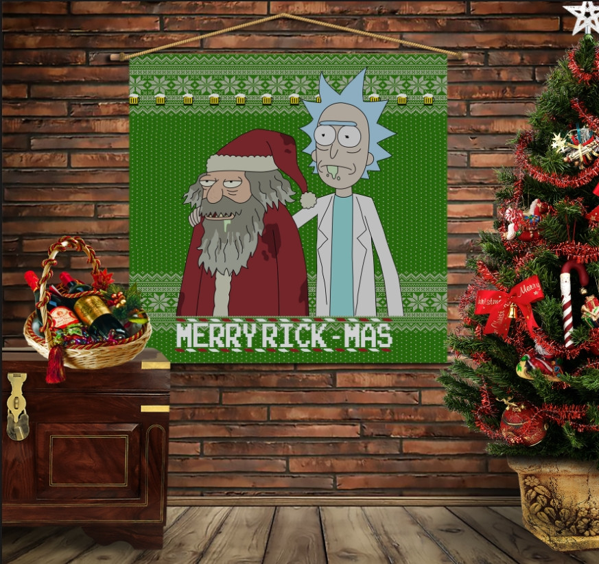 Мобильная картина-постер (гобелен) на ткани с 3D с принтом Рождественские Год и Морти с пивом