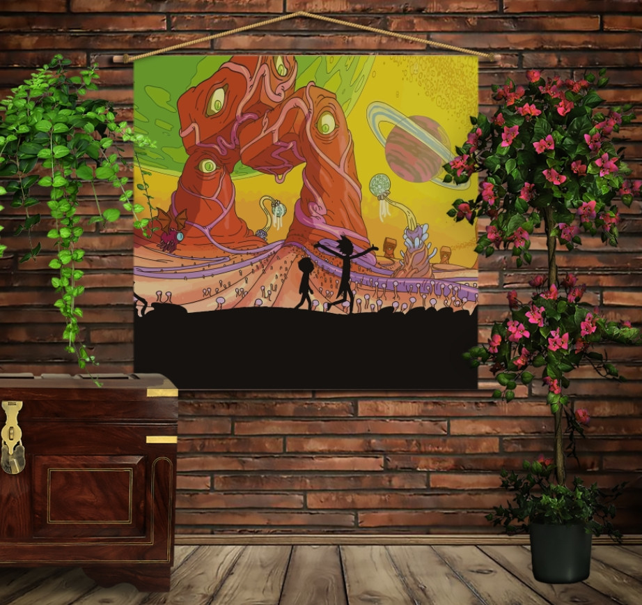 Мобильная картина-постер (гобелен) на ткани с 3D с принтом Год и Морти Желтый космос