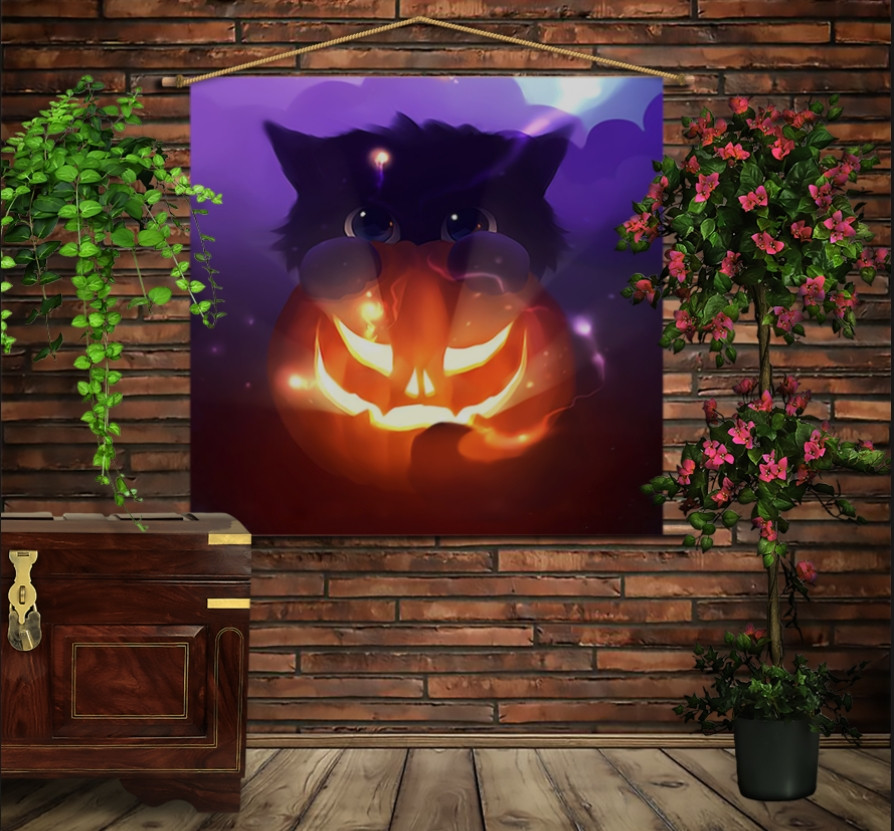 Мобильная картина-постер (гобелен) на ткани с 3D с принтом Котик и Хэллоуин