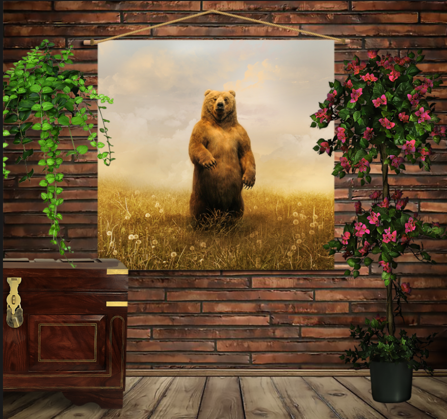 Мобильная картина-постер (гобелен) на ткани с 3D с принтом Медведь в поле