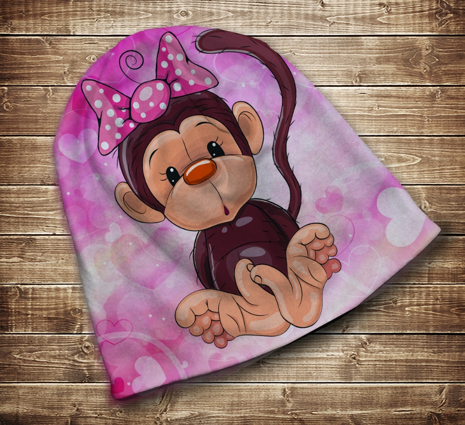Шапка с 3D принтом на тему - Веселые обезьянки Розовый Все размеры и сезоны