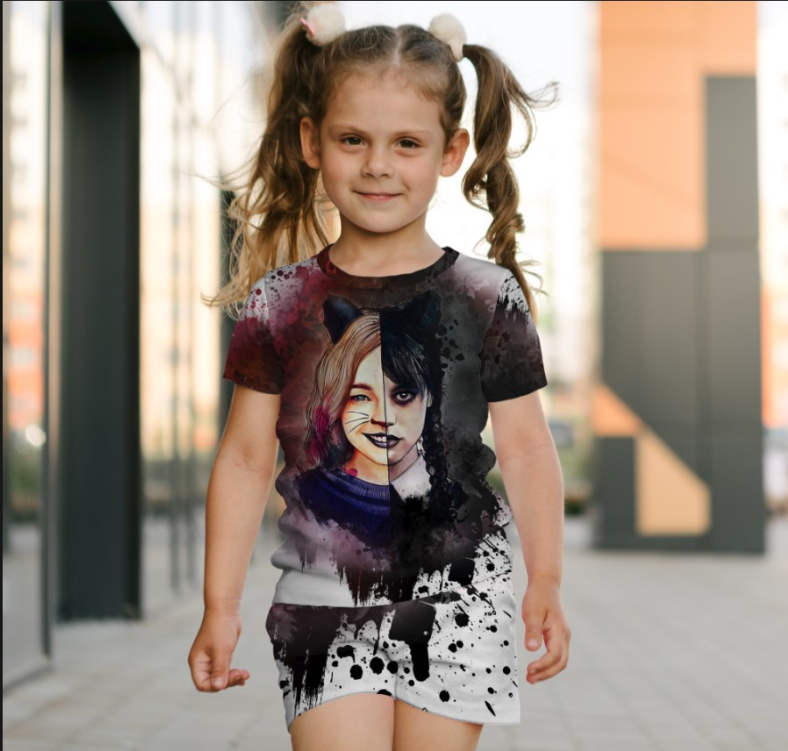 Костюм футболка + шорти з 3D принтом Вензді Аддамс і Еніт Венздей Аддамс (Wednesday Addams)