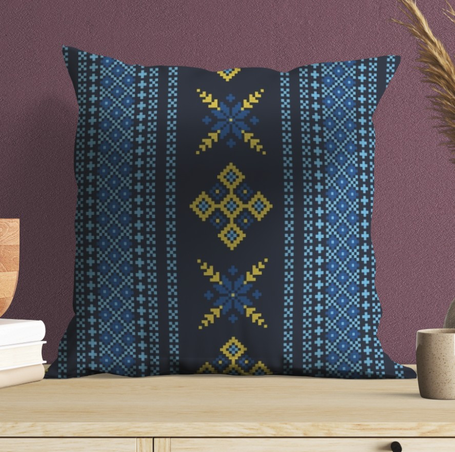 Подушка з принтом  Вишиванка блакитний етнічний орнамент синій фон