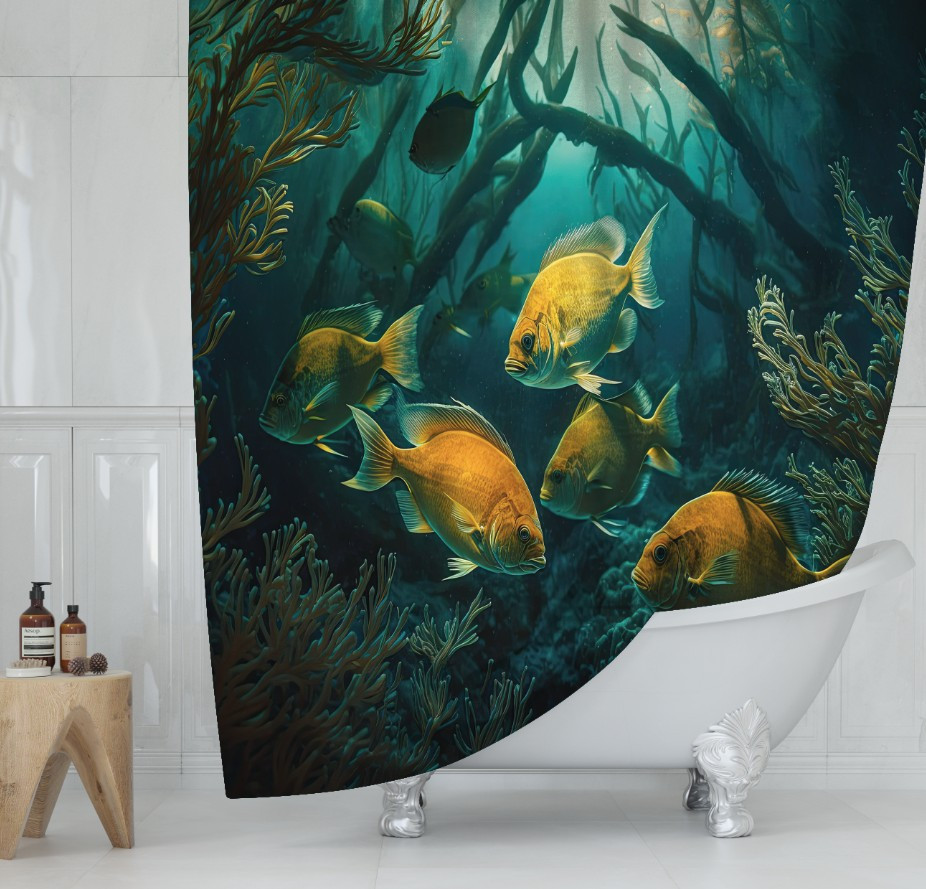 Штора для ванної з 3D принтом кольорові екзотичні риби_04
